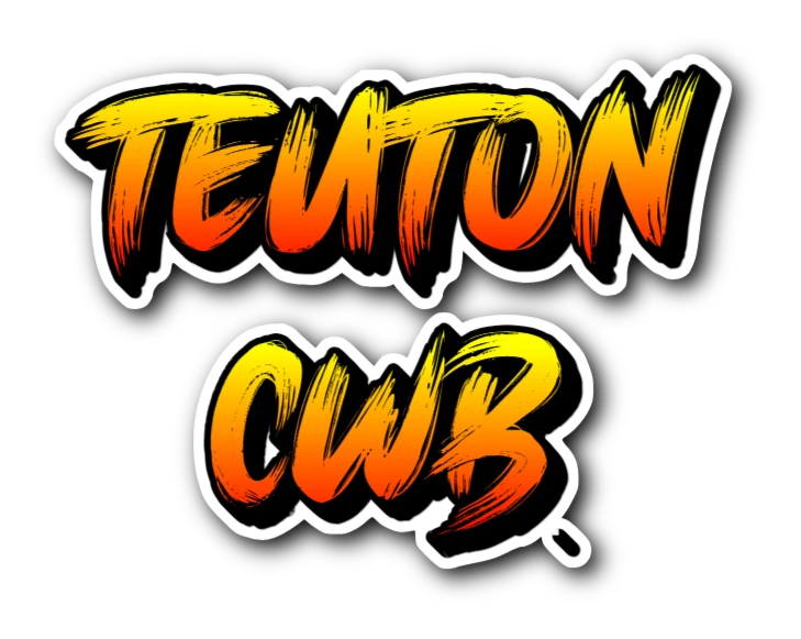 Logo estilizado com as palavras 'Teuton CWB' em cores vibrantes de amarelo, laranja e vermelho sobre fundo preto, com efeito de sombra e destaque, ideal para fãs de eventos culturais e marcas de moda urbana.